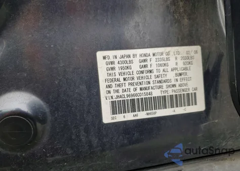 2006 Acura Tsx из США, поврежденный, VIN JH4CL96966C015848